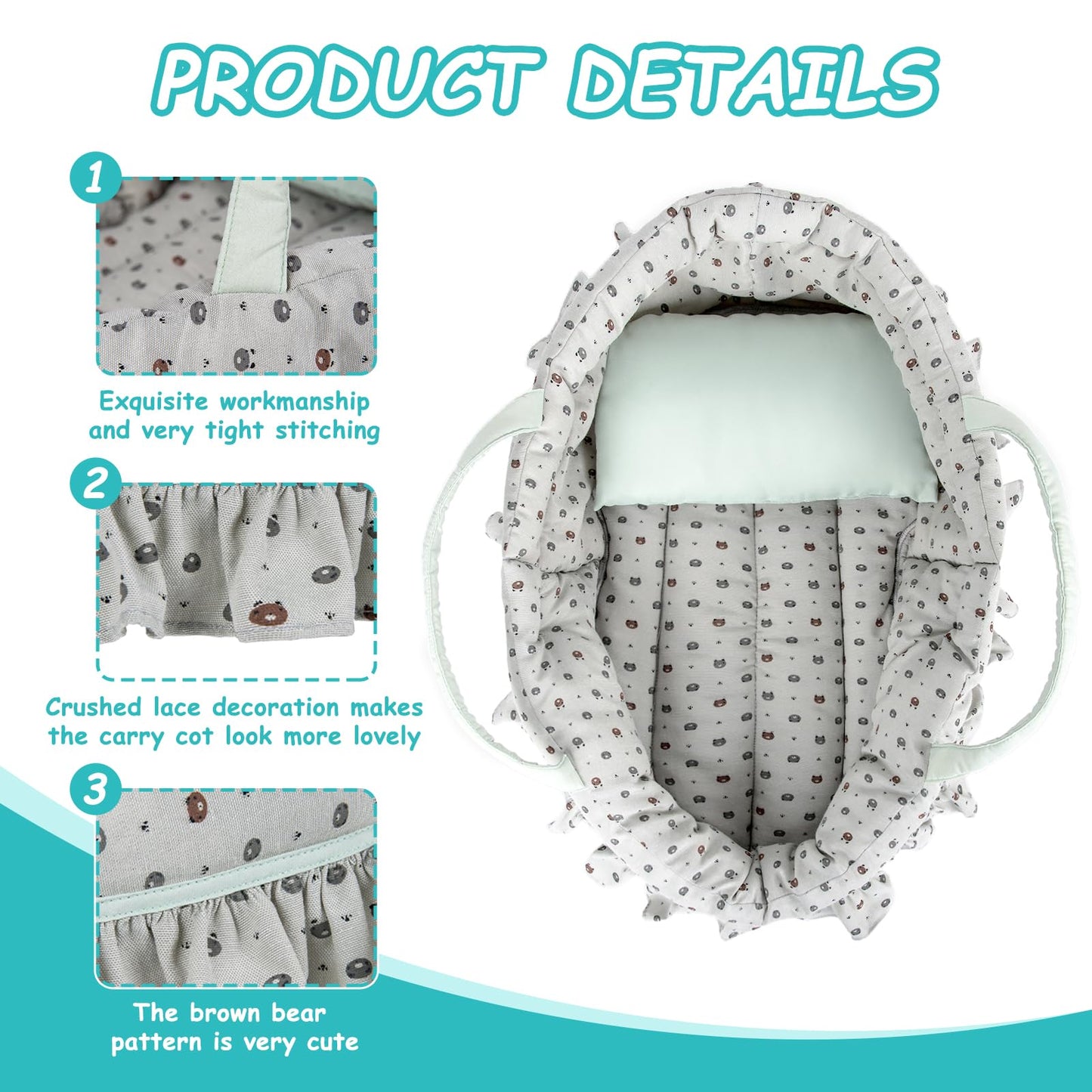 Rakki Dolli Doll Carry Cot Set, Sweet Dreams Soft Bassinet Doll Carrier Includes 1 Cot And 1 Pillow, Grayish Green Bear Doll Bassinet, Fits For 16 Inch American Girl Dolls