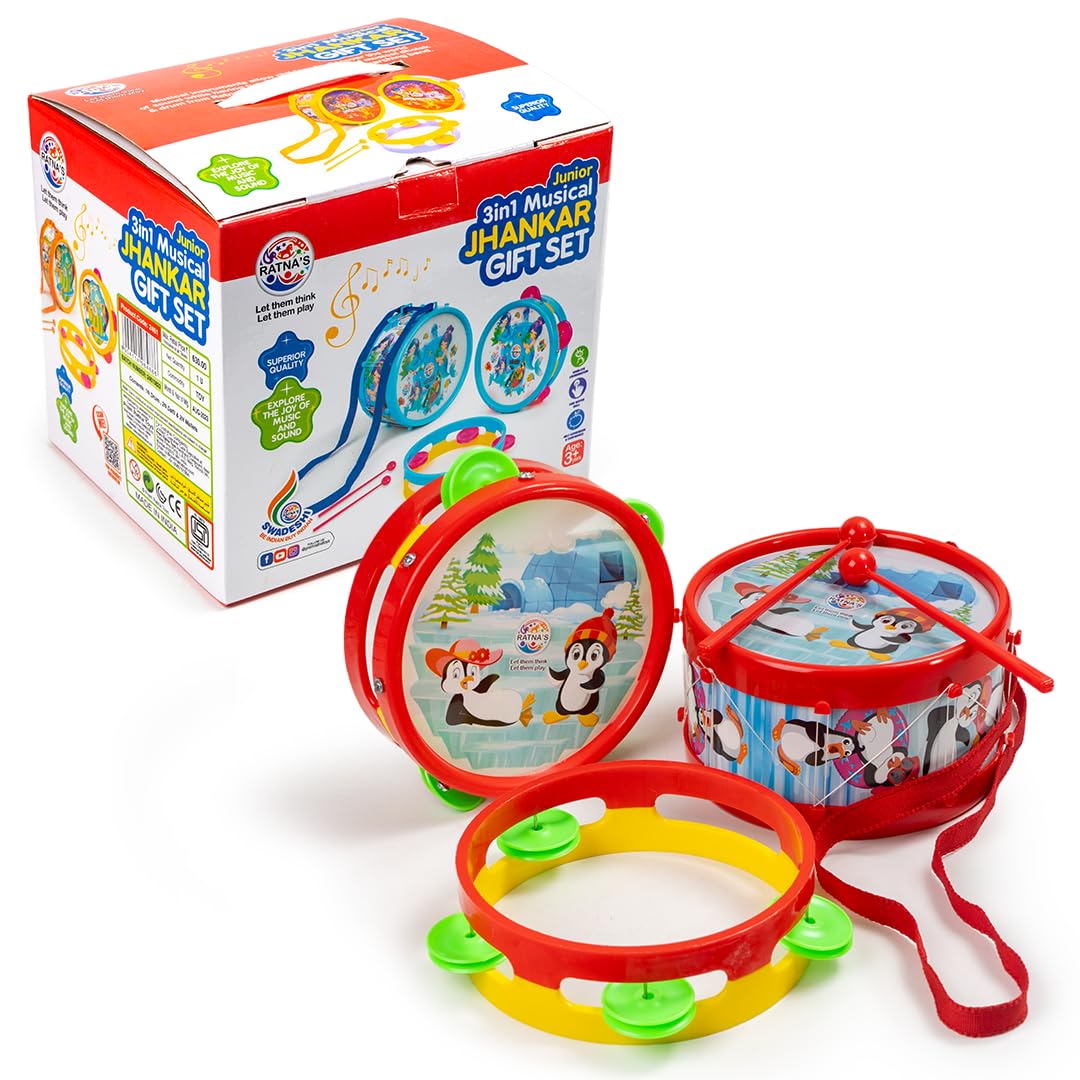 RatnaS 3 In 1 Musical Jhankar Gift Set Junior Penguin Printed Drum Dafli Toy Musical Instrument With 2 Mallets For Kids