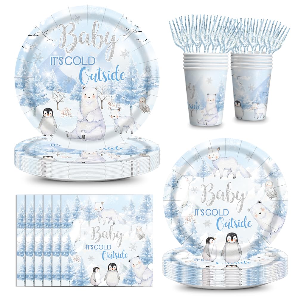 120pcs Winter Woodland Baby Shower Decorations Arctic Animals Plates Napkins Baby Its Cold Outside Cup Snowflake Penguin Arctic