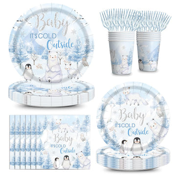 120pcs Winter Woodland Baby Shower Decorations Arctic Animals Plates Napkins Baby Its Cold Outside Cup Snowflake Penguin Arctic