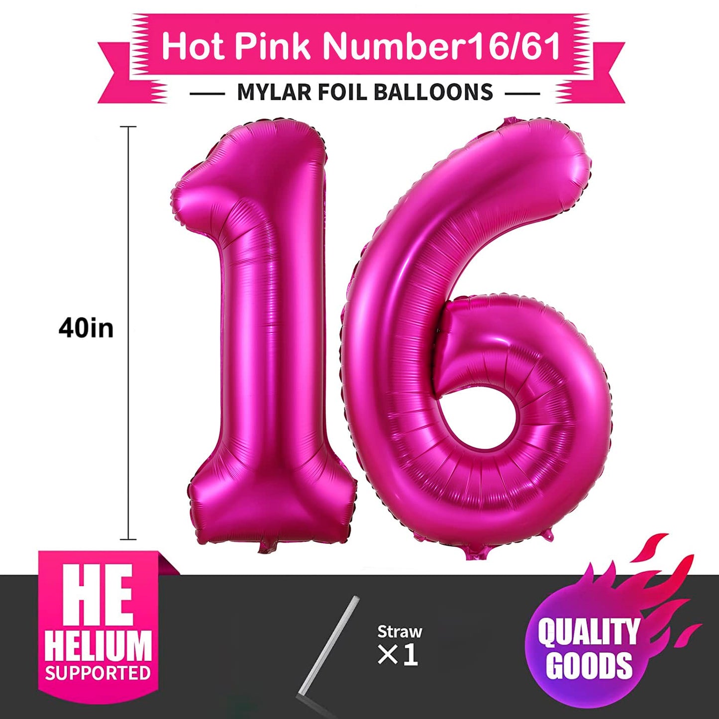 Hot Pink 16 Balloon Numbers,40 Inch 16Th Or 61St Birthday Balloon Foil Mylar Number 16 Balloon Large Dark Pink Number Balloons For Birthday Party Anniversary Festival Decorations