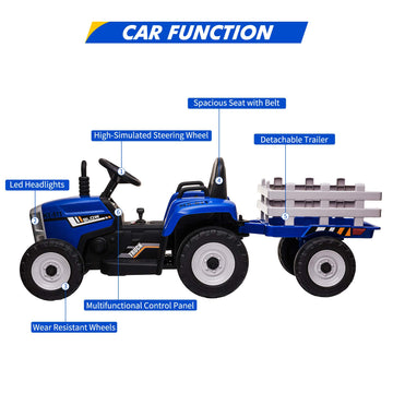 12V Kids Ride On Tractor With Trailer & Remote Control, Toddler Battery Powered Electric Car Slow Start 7Led Headlights Usb Music Player 2+1 Gear Shift, Blue, 35W/ Eva Tire