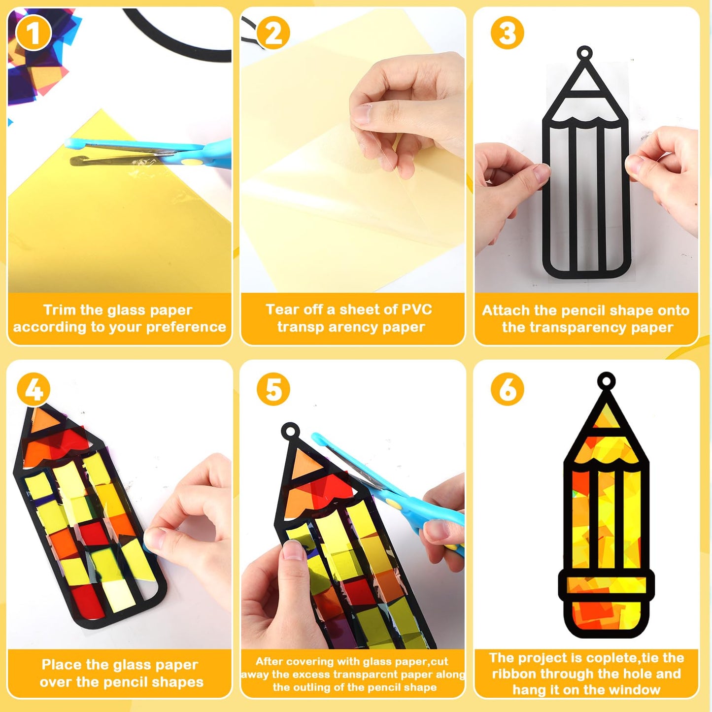 32 Sets Back to School Pencil Suncatchers Craft Kit DIY Window Stained Glass Effect Pencils Paper Crafts for Home School Classro