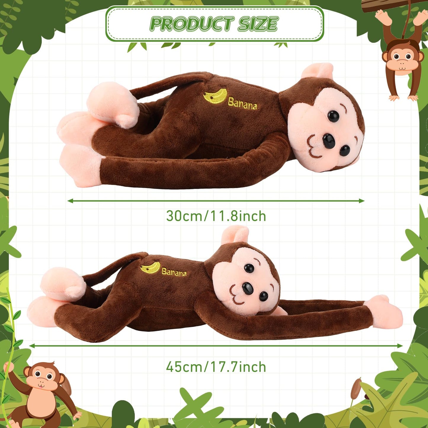 4-Pack 17.8' Hanging Stuffed Monkeys With Hook & Loop Fasteners - Plush Toy Gifts For Teens & Adults, Plush Stuffed Animal Toys Soft Monkey Doll Decoration (Brown)