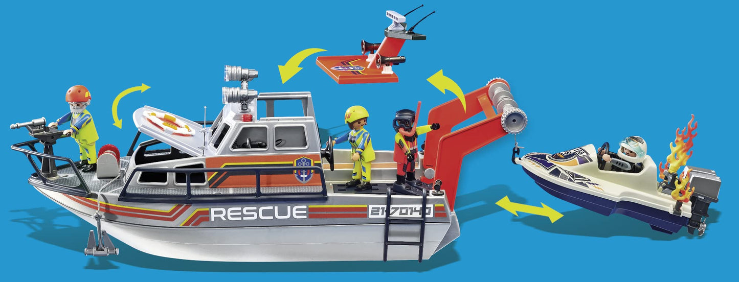 Playmobil Fire Rescue Set with Personal Watercraft, Standard Size, Multicolor, Model 70140, Durable Plastic