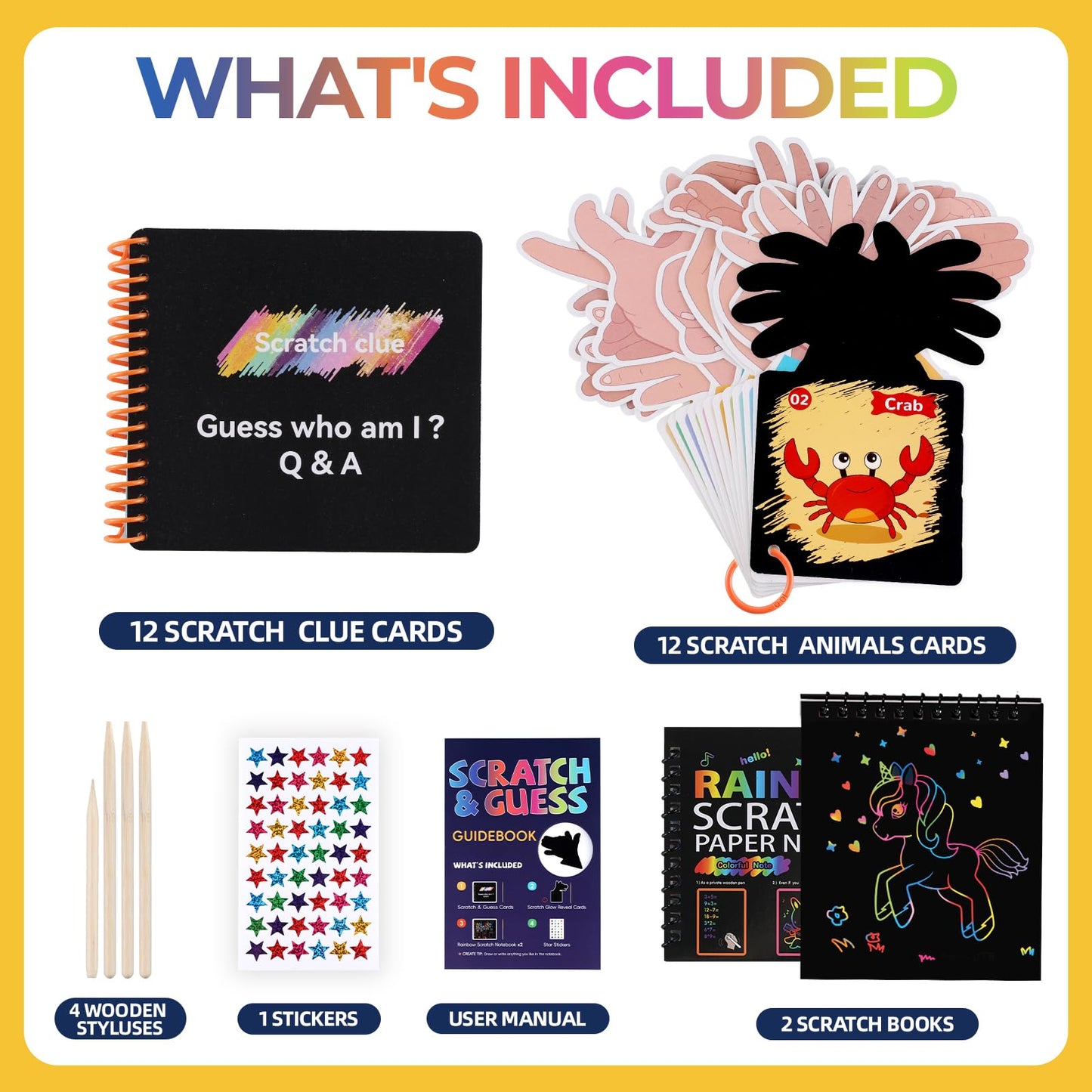 JMMICO Glow-in-The-Dark Scratch & Guess Animal Cards, with 2 Pack Rainbow Scratch Notebooks, Mess Free Toddler Craft, Crafts for