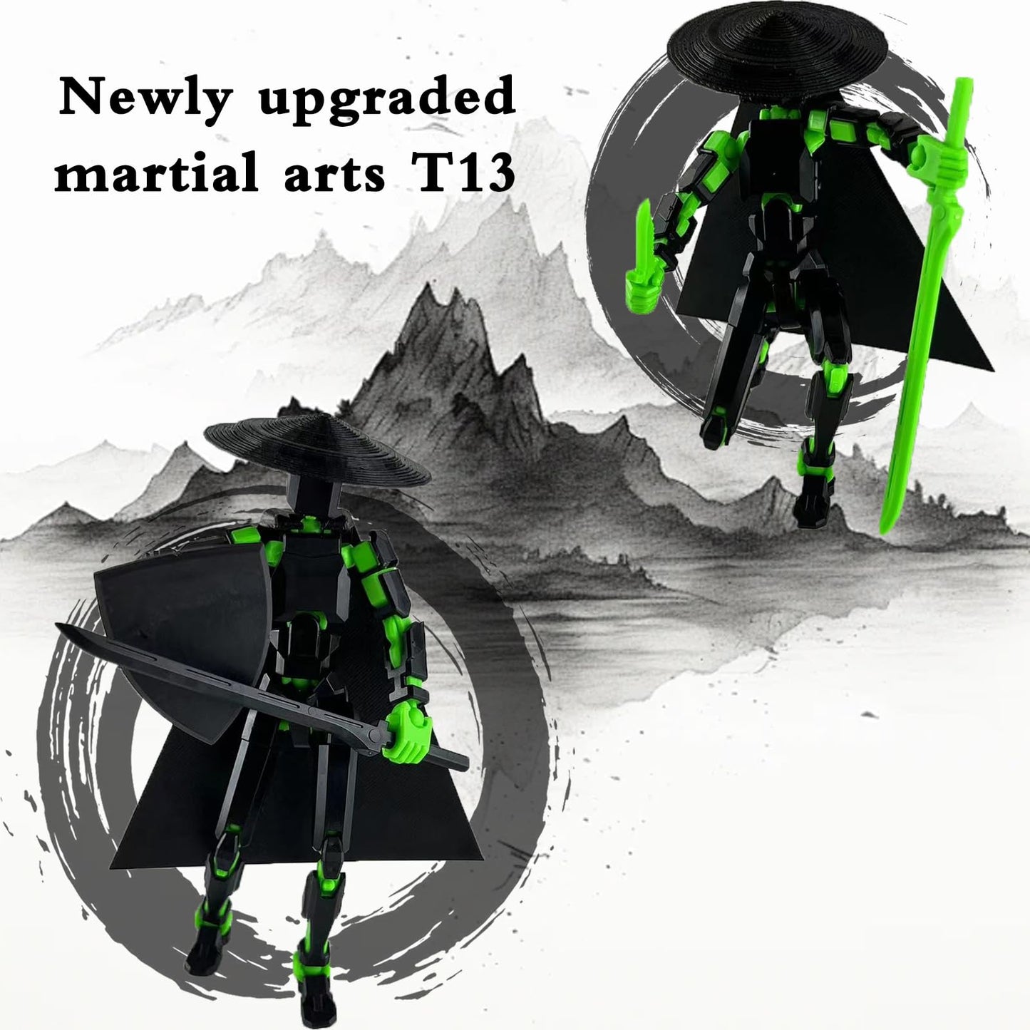 PkghoKids Already Assembled T13 Action Figure Accessories,Dummy 13 T13 Multi-Jointed Movable 3D Printed Toys (Black Green)