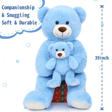 Morismos Giant Teddy Bear Stuffed Animals, Soft Big Mommy And Baby Bear, Large Teddy Bears Baby Shower For Girlfriend On Valentine Christmas 39 Inch, Blue