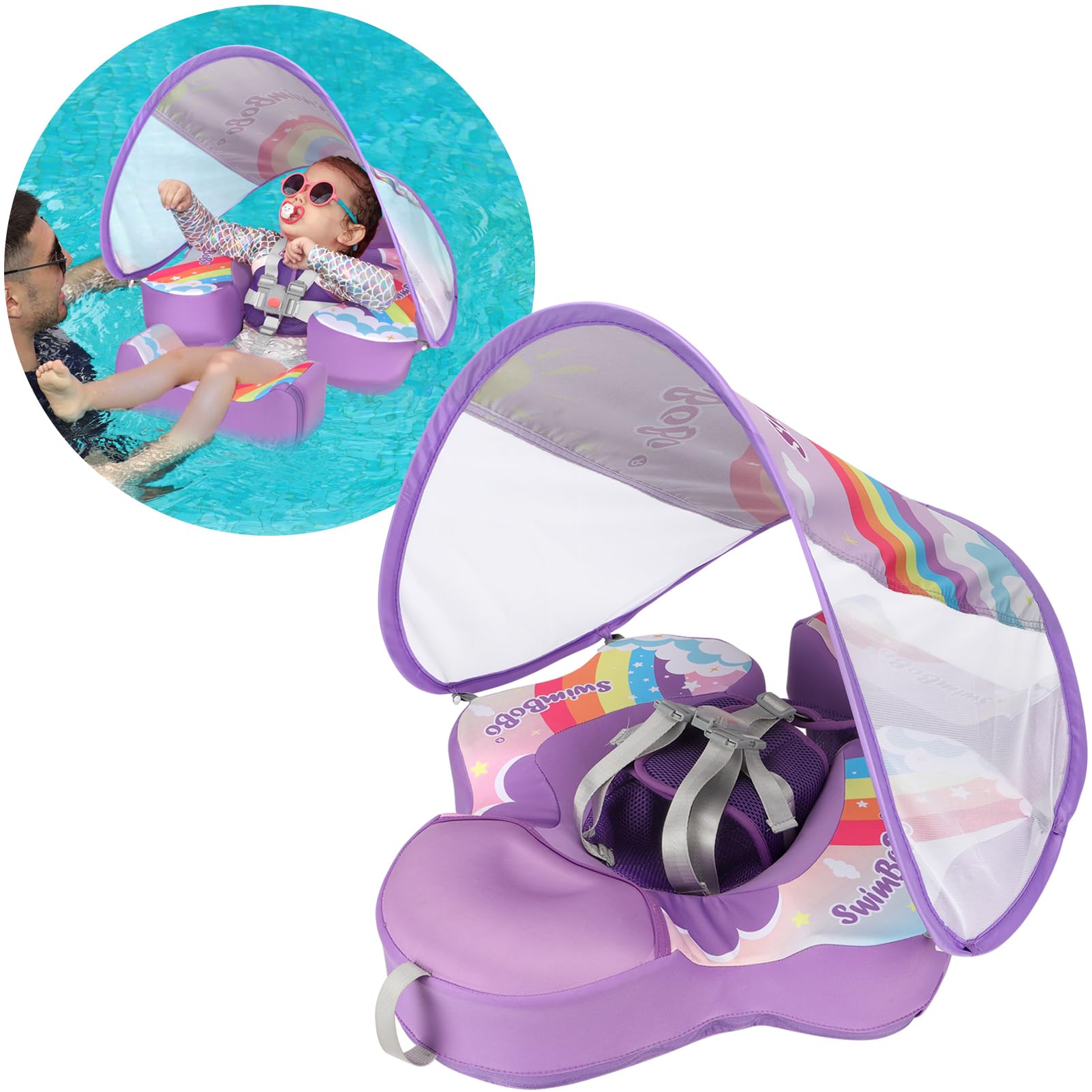 Swimbobo Baby Floats for Pool with Canopy Non Inflatable Soft Skin-Friendly Fabric Material Infant Swim Float for Boys and Girls Swimming Pool Toys (Purple)