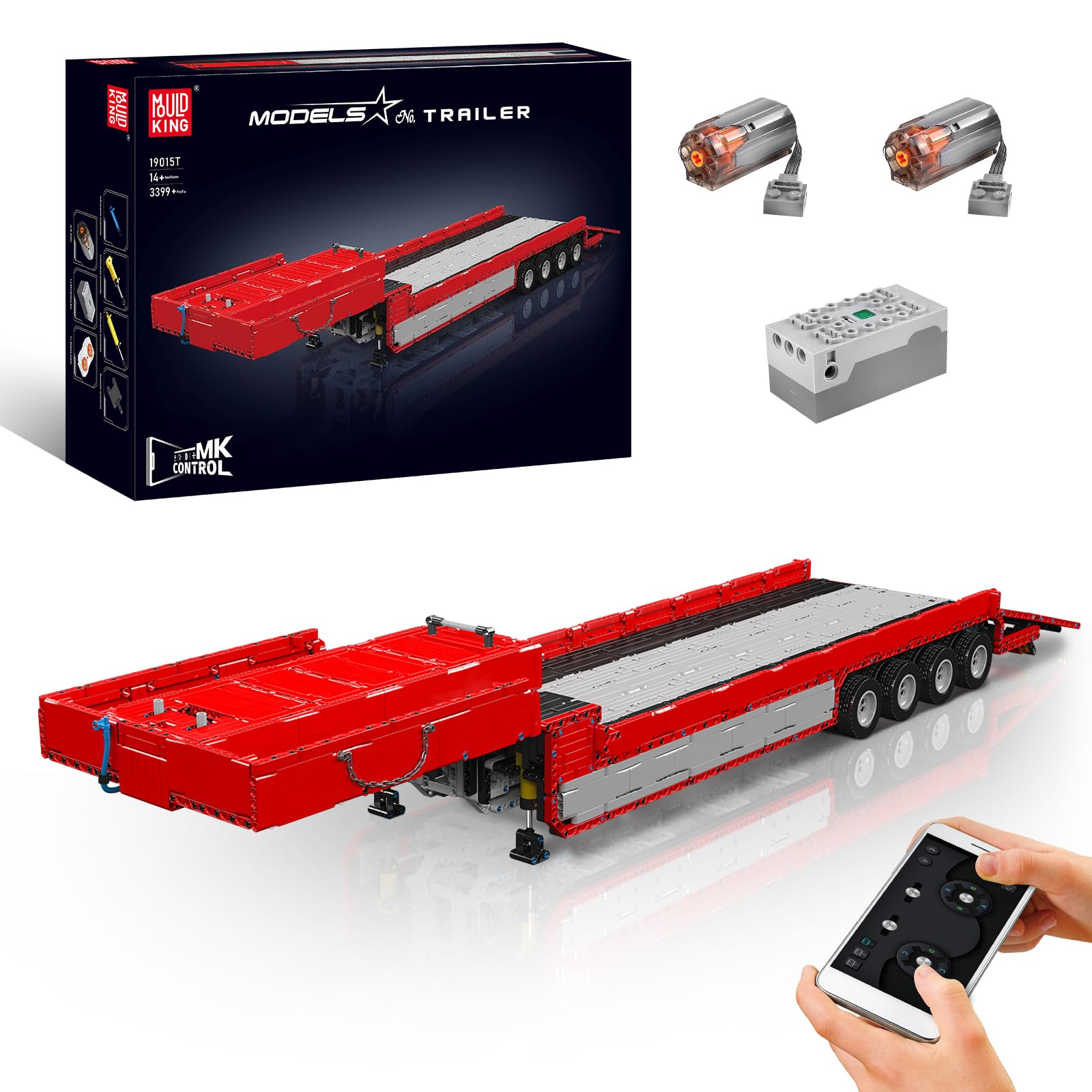 Mould King Trailer Truck Technique Building Blocks Kits  MOC 19015T Model Set to Build  Gift for Kids Age 14+/mature-themed Collections Enthusiasts(3 399 Pieces with Motor/RC)