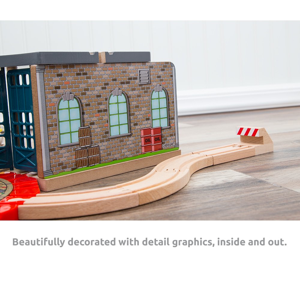 Orbrium Wooden Railway 5 Engine Bays, Rooftop Rails Full Size Roundhouse With 14-Ways Turntable Compatible With Thomas & Friends Brio Imaginarium Melissa Doug Engine Shed