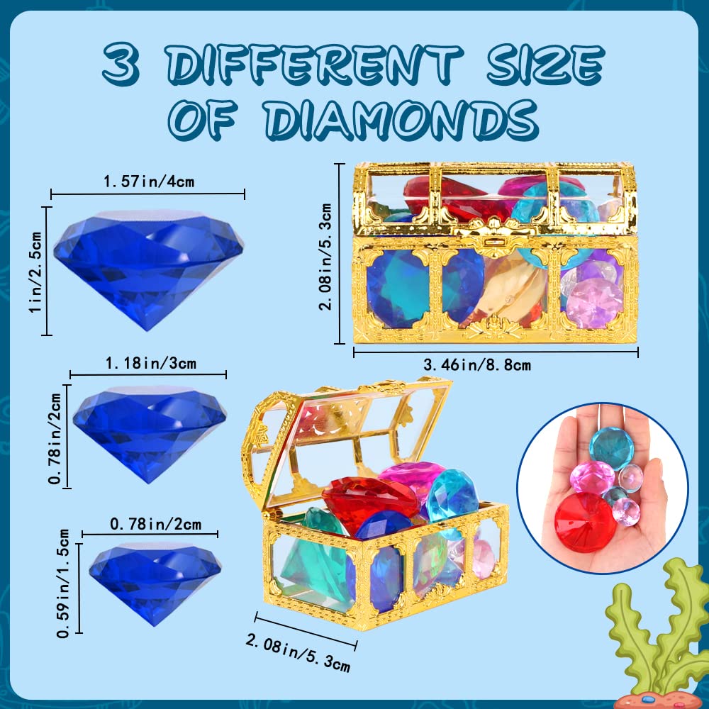YUJUN 30 Pieces Colorful Diving Gem Pool Toys Big Diamond Ocean Animals Gem with Treasure Pirate Chest Box Summer Underwater Acrylic Gemstones Set for Kids Swimming Pool Party Favors