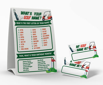 What's Your Golf Name Game  1 Golf Theme Sign and 50 Name Tag Stickers  Baby Shower game cards  Birthday Game for Kids and mature-themed Parties  Activity Game for Office or Class | PTK025L