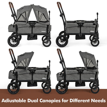 INFANS Wagon Stroller for 2 Kids, Collapsible Adjustable Push Pull Handle Bar, 2 Seater Stroller Wagon with Removable Canopy Sna