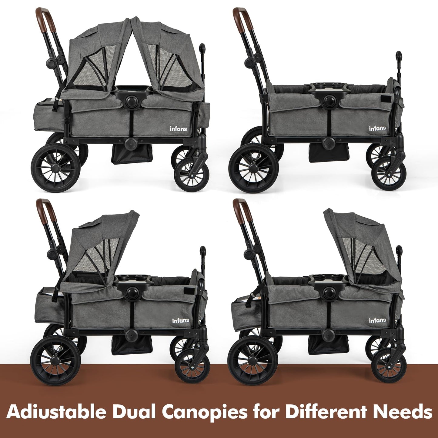 INFANS Wagon Stroller for 2 Kids, Collapsible Adjustable Push Pull Handle Bar, 2 Seater Stroller Wagon with Removable Canopy Sna