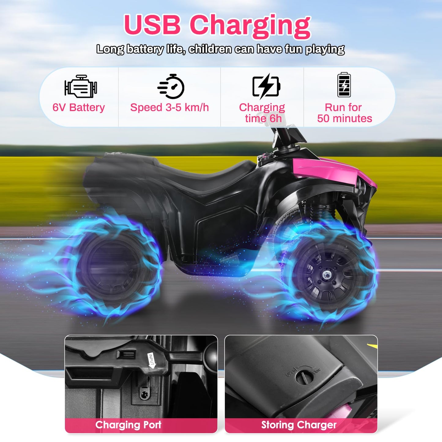Arlopu 6V Kids Ride On Toy, 4-Wheeler Quad ATV Play Car w/1.86MPH Max Speed, Treaded Tires, Rubber Handles, Music, Headlights, P