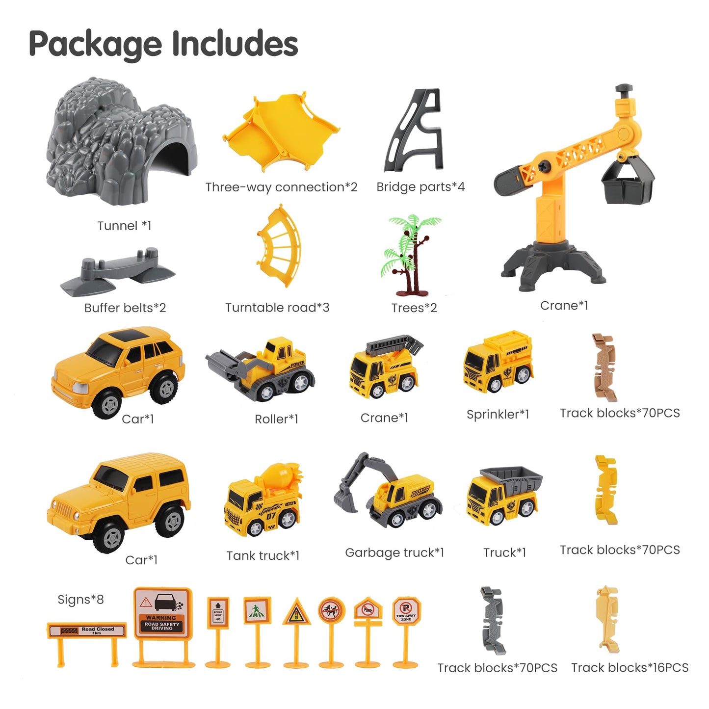 TUMAMA 249pcs Construction Race Track Vehicle Toys for Boys and Girls, STEM Building Set, Safe & Durable Plastic, Yellow