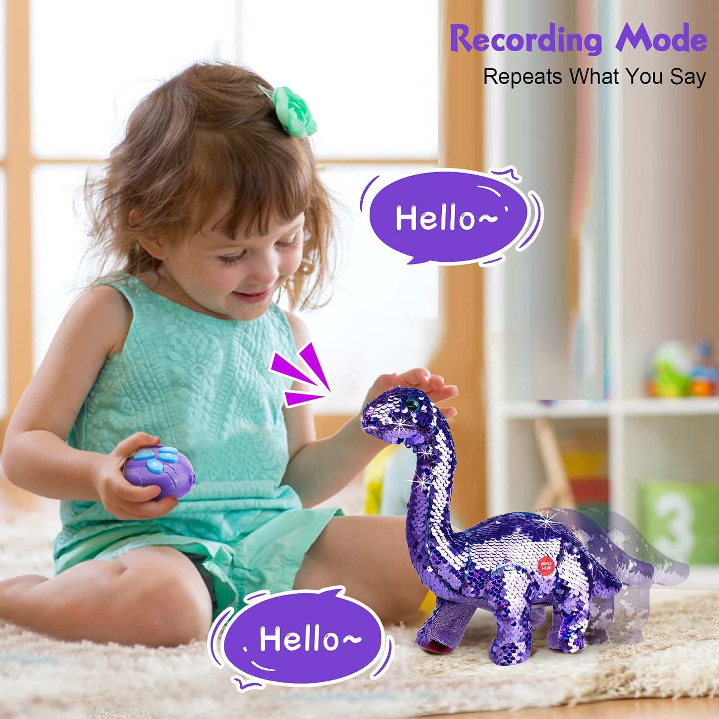 Koonie Dinosaur Toys For Girls, 2 Year Old Girl Toys, Purple Dinosaur Remote Control Reversible Sequins Dinosaur Toy Can Repeat Walk Roar Sing, Christmas Birthday Gifts For 2-7 Years Old Kids Toddlers, Medium