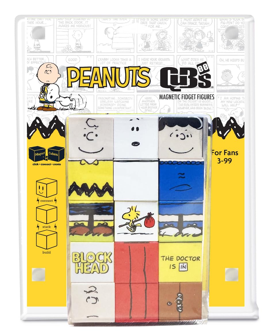 Peanuts QuBee Magnetic Fidget Figures 3Pack, Charlie Brown, Lucy & Snoopy, 15 Magnetic Cubes, Stackable Character Collectibles 