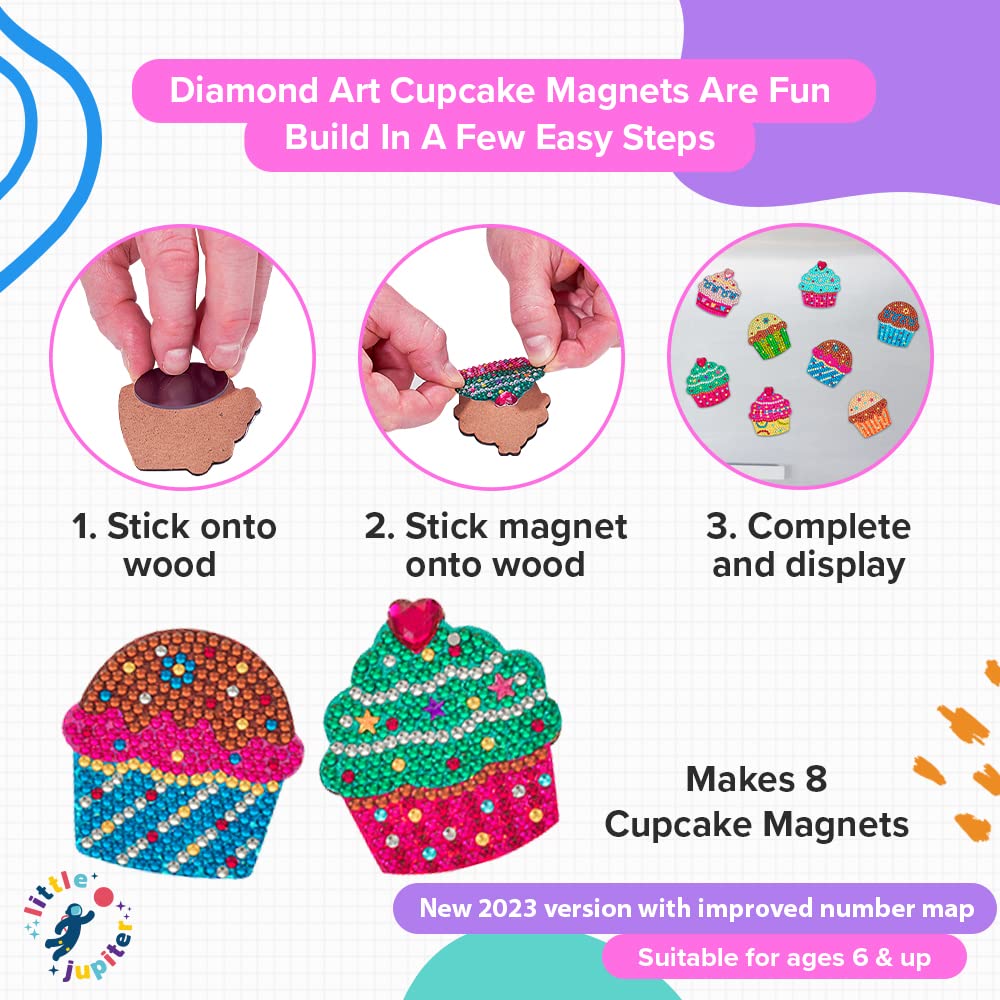Little Jupiter Cupcake Diamond Art Magnets Set -2023 Ver W/ 8Pcs - Diamond Art Kits For Kids W/Diamond Art Stickers & Wood - Diamond Art Kits For Kids - Diamond Art For Kids - Diamond Art Kits