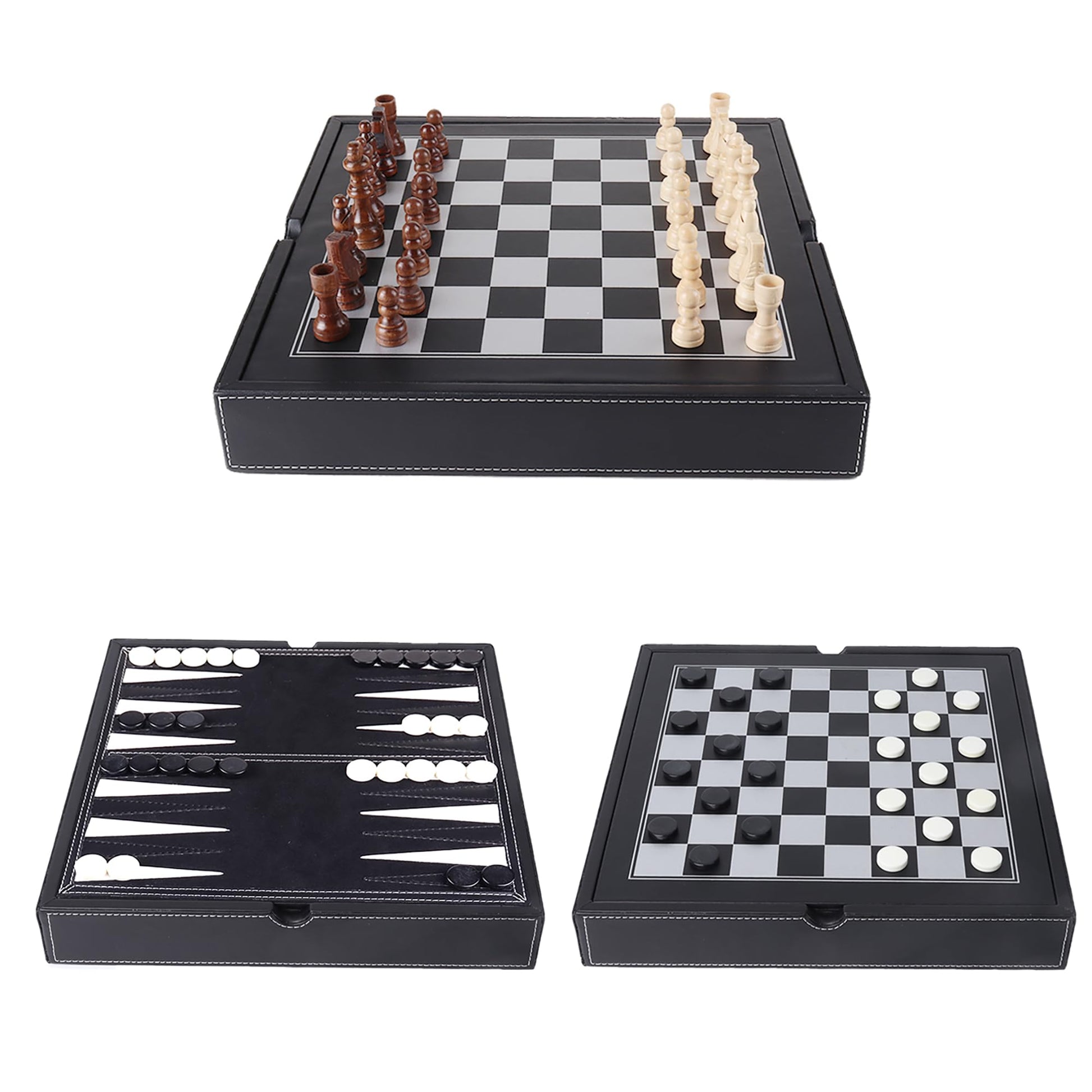 GSE Games & Sports Expert 12.5 enhanced Leather 3-in-1 Chess  Checker and Backgn Board Game Combo Set  Classic Board Strategy Game for Kids & mature-themeds