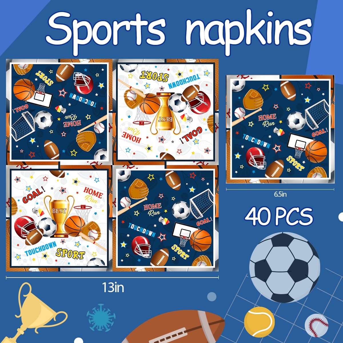Sports Napkins Decoration,Sports Theme Birthday Party Supplies 40Pcs All Star Napkins For Basketball Baseball Soccer Outdoor Ind
