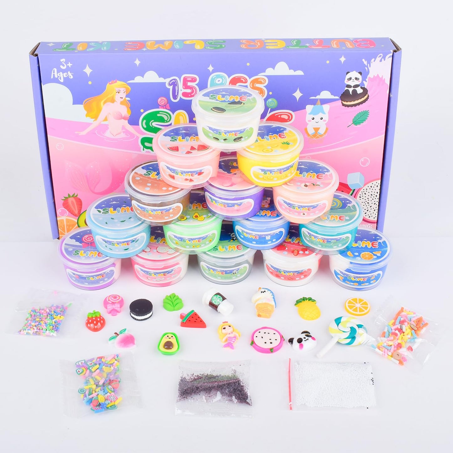 15 Pack Butter Slime Kit with Fruits Charms, Birthday Gift, Slime Party Favors for Girls and Boys, Super Soft & Non-Sticky, Scen