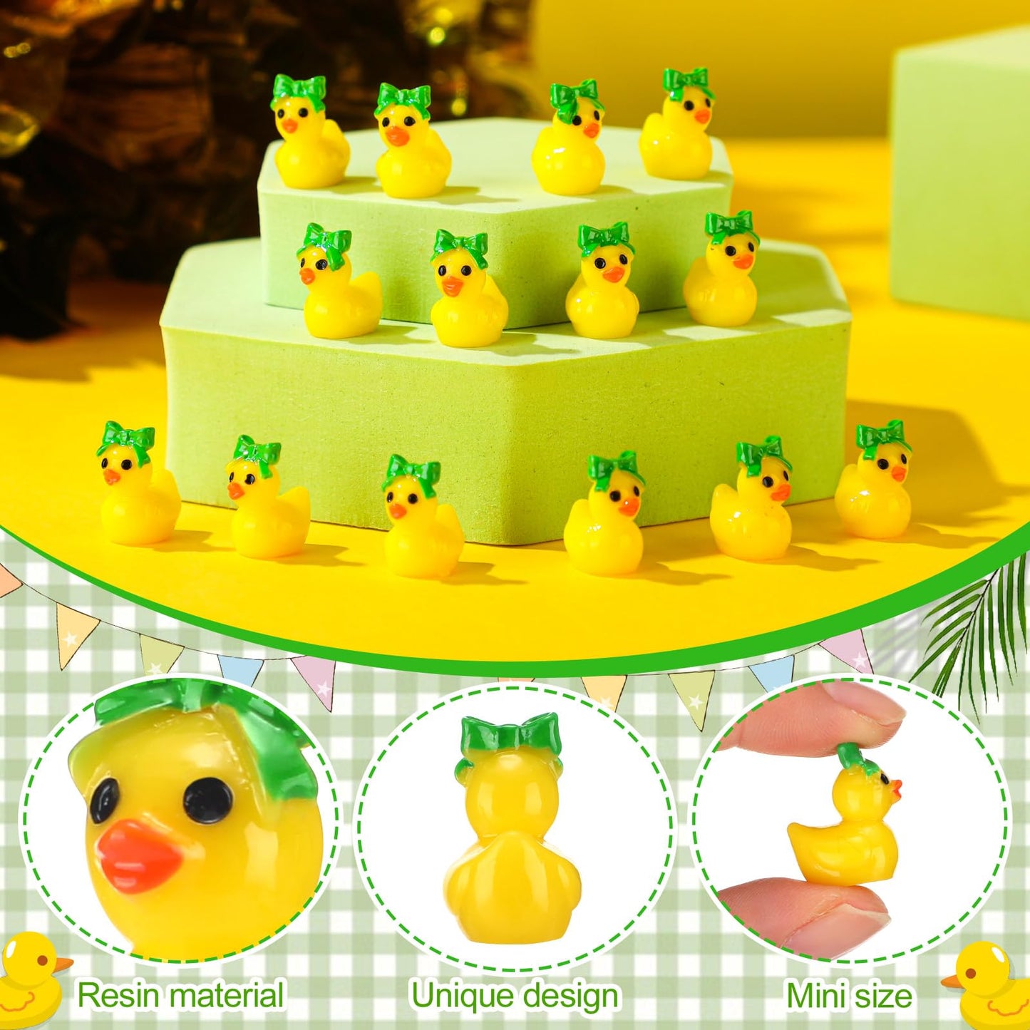 Weysat 60 Pcs Mini Green Cheer Resin Ducks Cheer Team Gifts Bulk Tiny Blue Bow Ducks Miniature Figurine Decoration Tabletop Shel