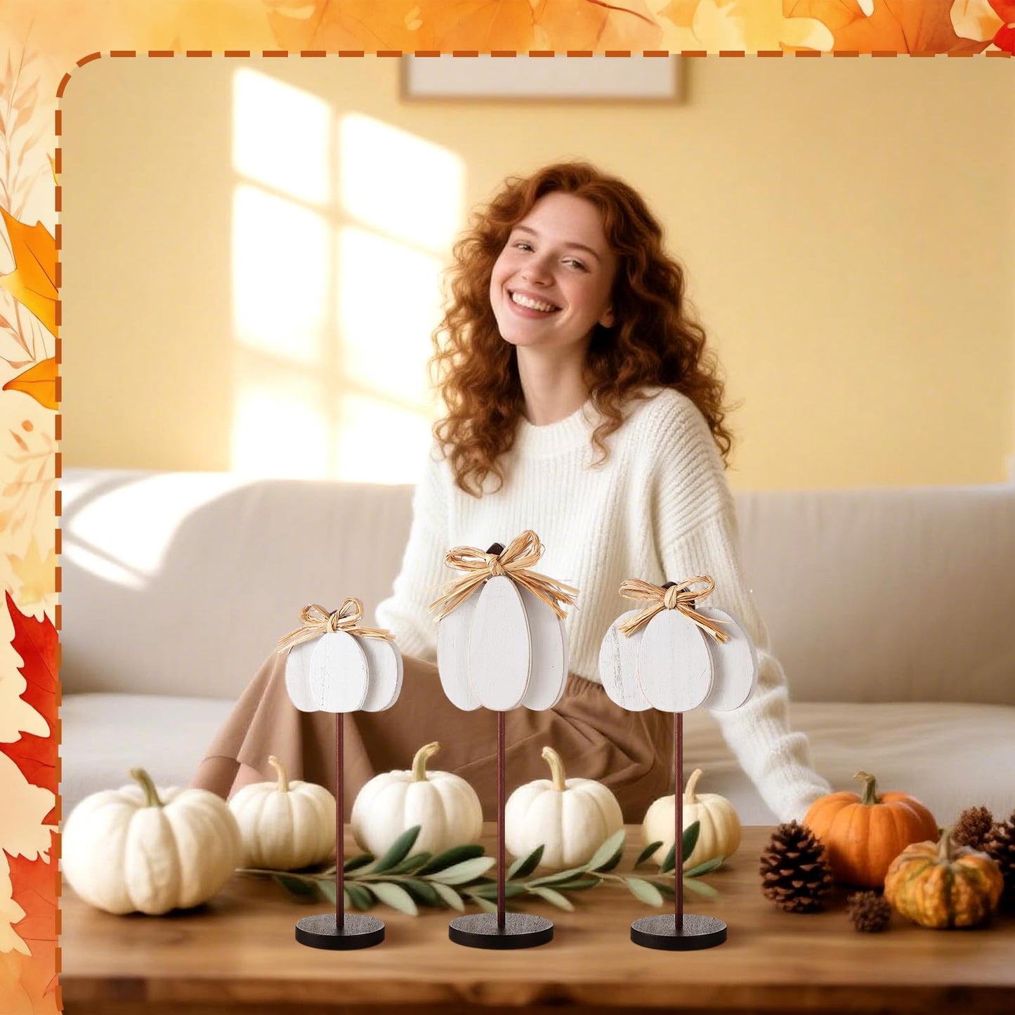 Thyle 3 Pcs Thanksgiving Pumpkin Table Centerpieces Wood Harvest Table Decorations for Home Standing Block Tall Sign with Bow fo