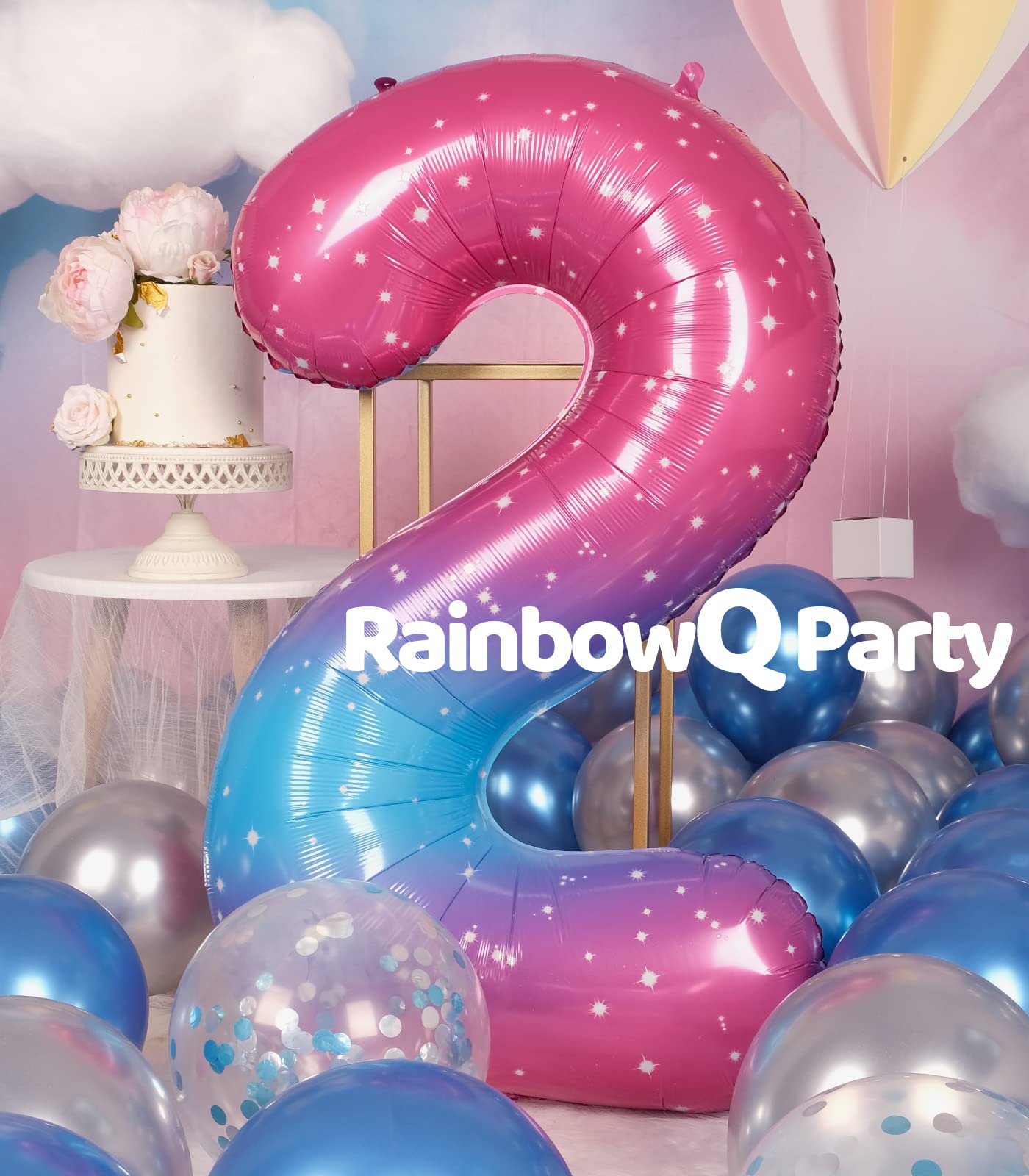 Rainbowq 2 Balloon Number 40 Inch For Boy Or Girl Big Starry 0-9 Foil Mylar Large 2 Number Balloon Happy 2Nd Birthday Party Anni