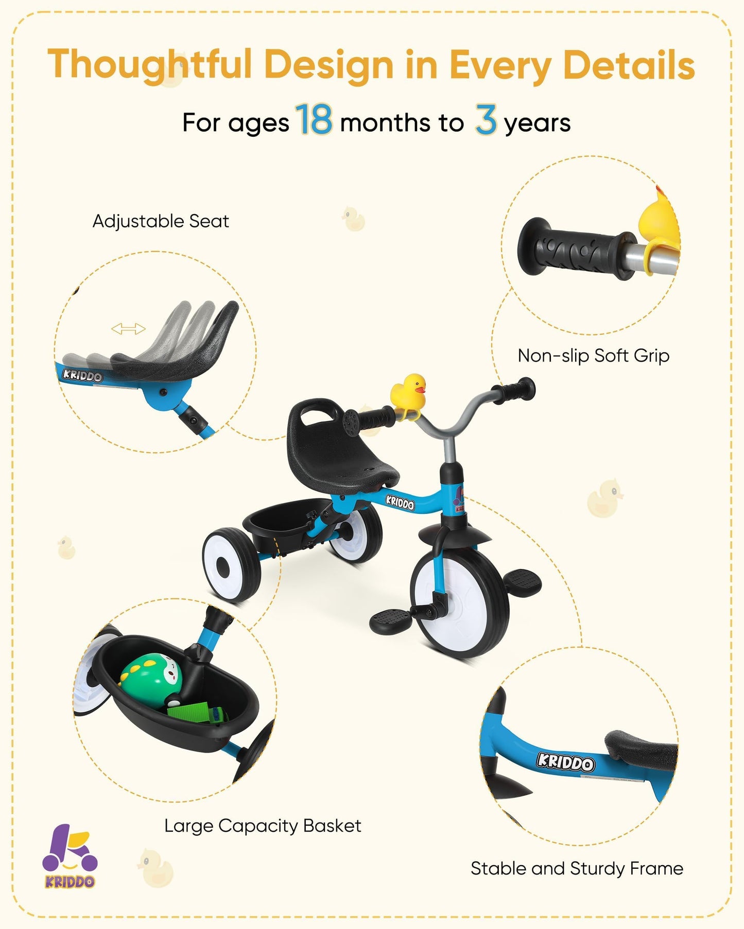 KRIDDO Kids Tricycle for 18 Months to 3 Years, Foldable Toddler Tricycle with Storage Basket, Kids Trike for 2 Years, Adjustable