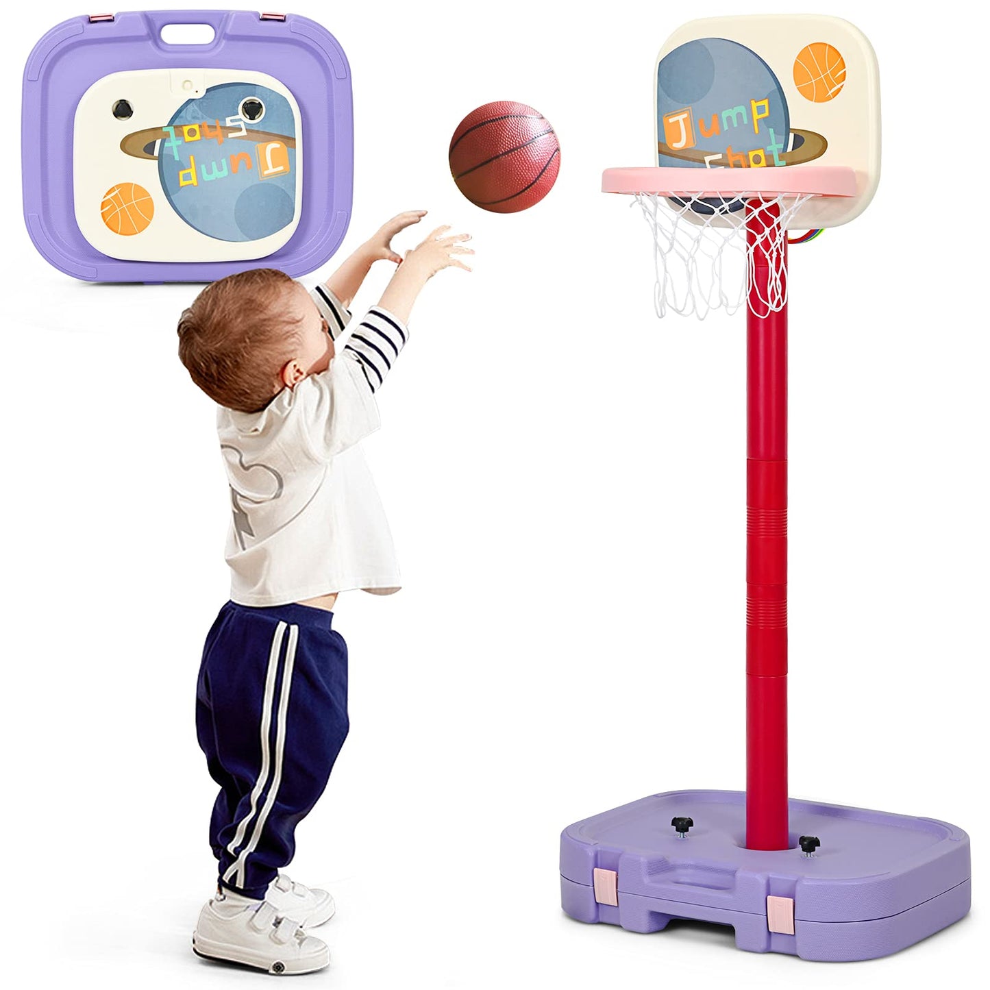 Costzon Kids Basketball Hoop, 2 In 1 Toddler Basketball Hoop Toy Set With Ring Toss & Storage Box For Boys Girls Baby, Portable Basketball Hoop Stand With Adjustable Height For Indoor Outdoor