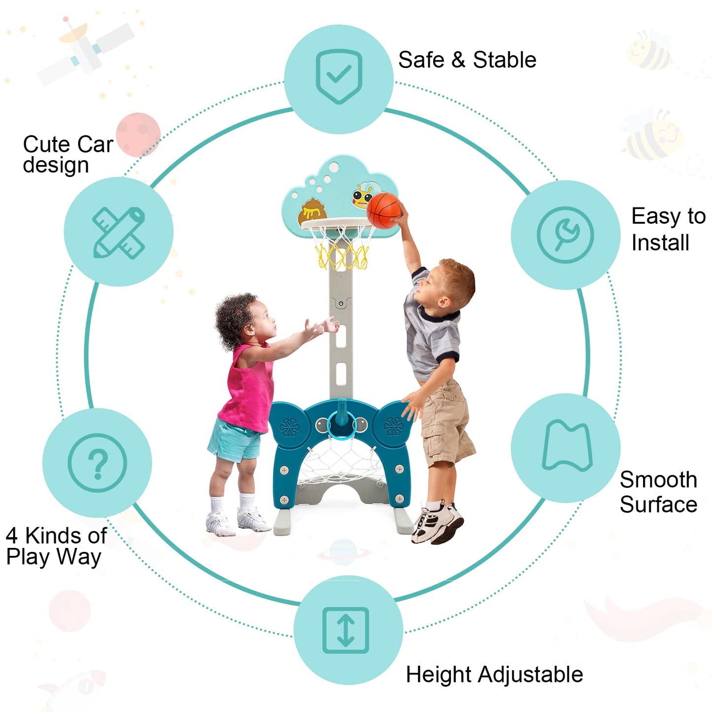 4-In-1 Toddler Basketball Hoop, Adjustable Height Kids Basketball Hoop With Soccer Goal Ring Toss Golf Play Set, Basketball Hoop