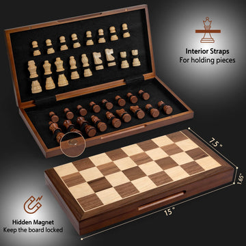 Chess Set Board Games For Adults: Handmade Walnut Wooden 15' 2 Extra Queens Folding Portable Travel Gift Idea Pieces Storage Bags Instructions