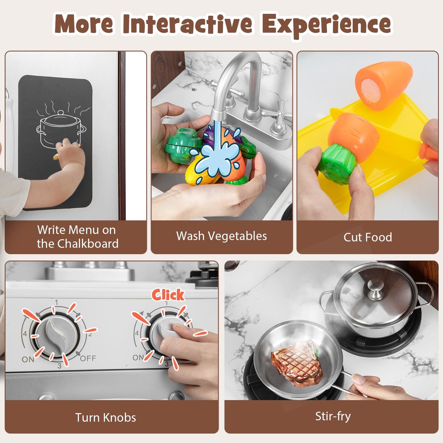 Costzon Kids Kitchen Playset, Wooden Pretend Cooking Kitchen Toy With Realistic Sounds & Light, Range Hood, Microwave, Ice Maker