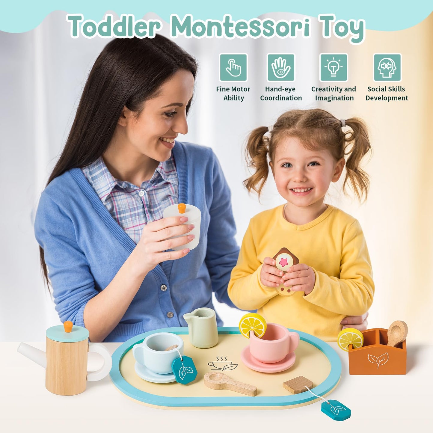 KMUYSL Wooden Toys for Kids, Wood Tea Set Pretend Toys for Little Girls, Tea Party Set Kids Kitchen Accessories Toy, Christmas B