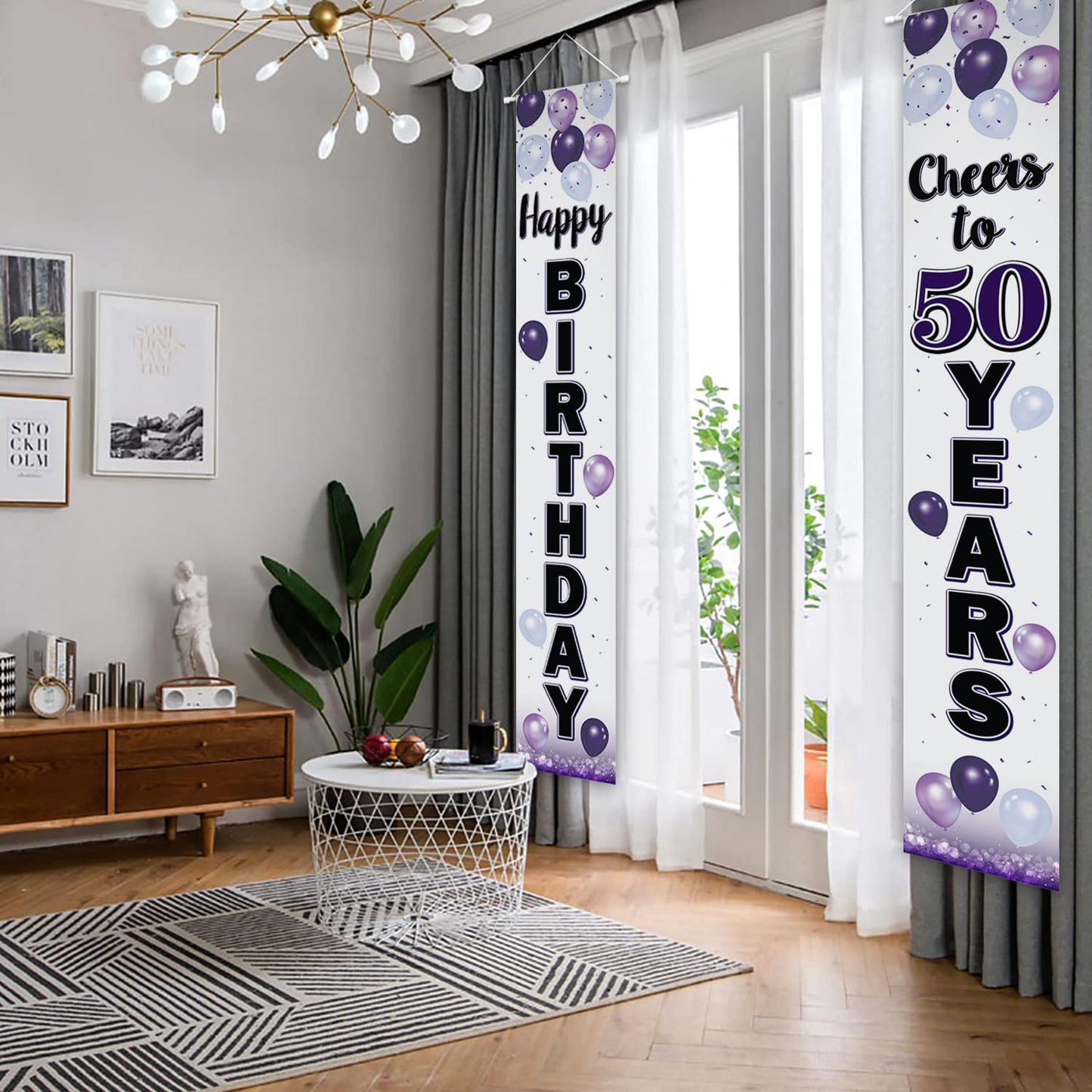 LASKYER Happy 50th Birthday Decorations,50th Purple Balloon Birthday Theme Door Hanging Banner Sign,Cheers to Fifty Years Old Bd