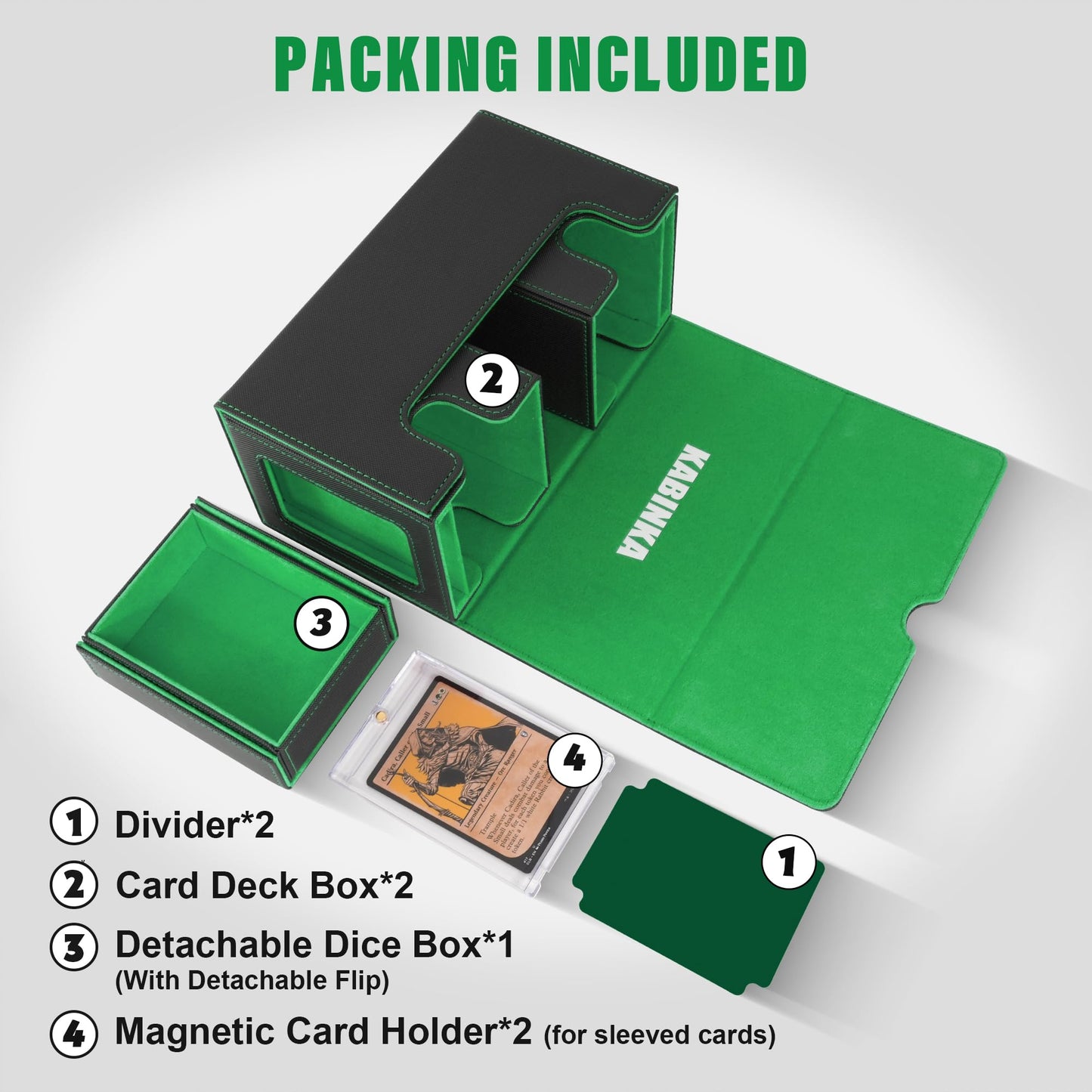 Kabinka Deck Box for MTG with Commander Display  3 in 1 Trading Card Storage Box Fit 200 Double-sleeved Cards  Removable Deck Case for TCG/Sports Cards with 2 Magnetic Card Holders (Black Green)