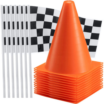 Bedwina Race Car Birthday Party Decorations - (36 Pcs) 12 - 8-Inch Orange Mini Cones for Kids & 24 Black & White Checkered Flags