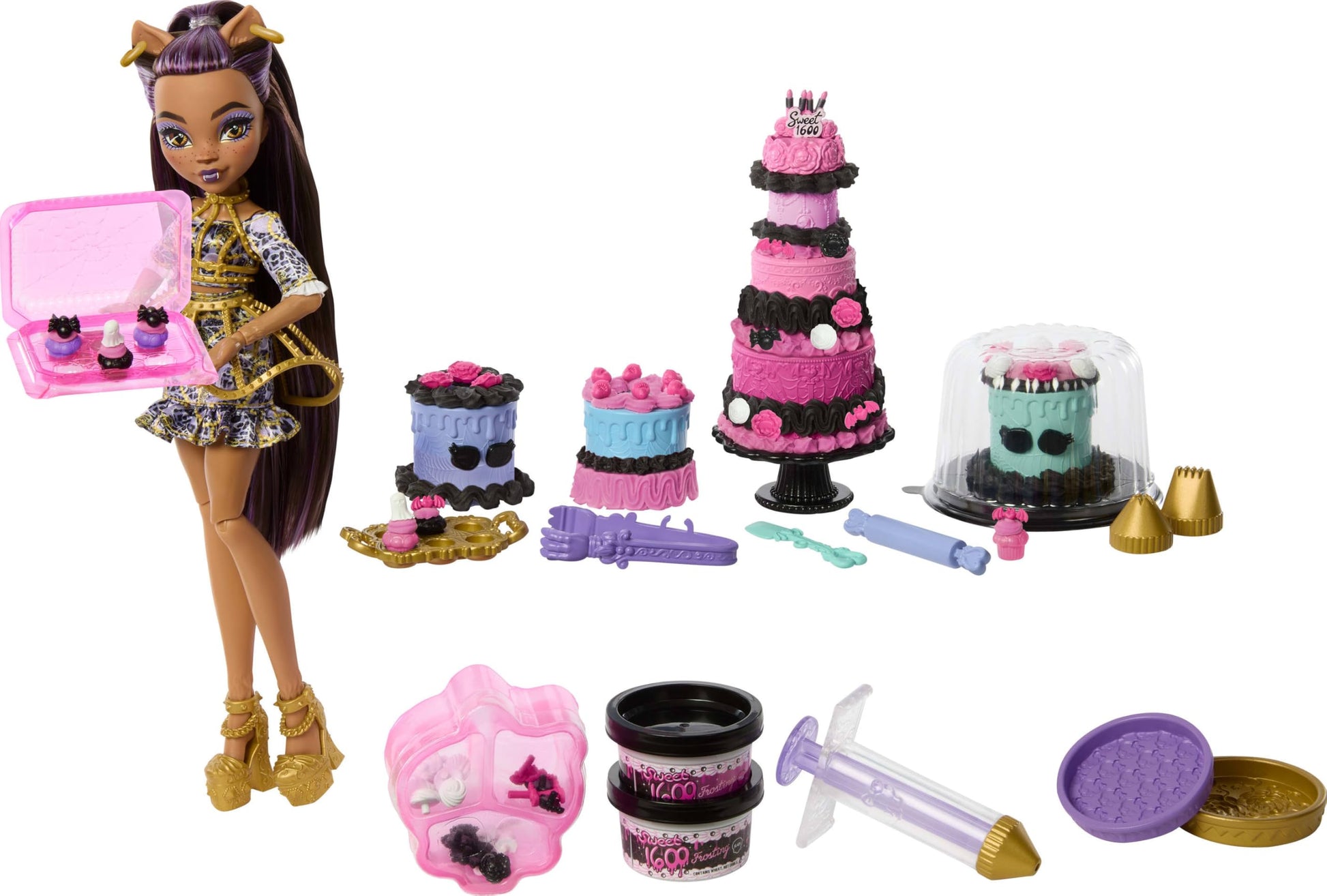 Monster High Scary Sweet Birthday Cake Kit with Clawdeen Wolf Doll, Cake Decorating Playset with 20+ Accessories Like Eerie Icin