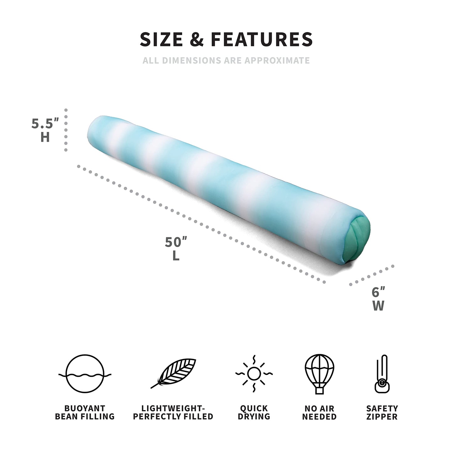 Big Joe No Inflation Needed Pool Floats, Rolling Wave Aqua Double Sided Mesh, Quick Draining Fabric, Jumbo 4 Feet, Noodle 2 Pack