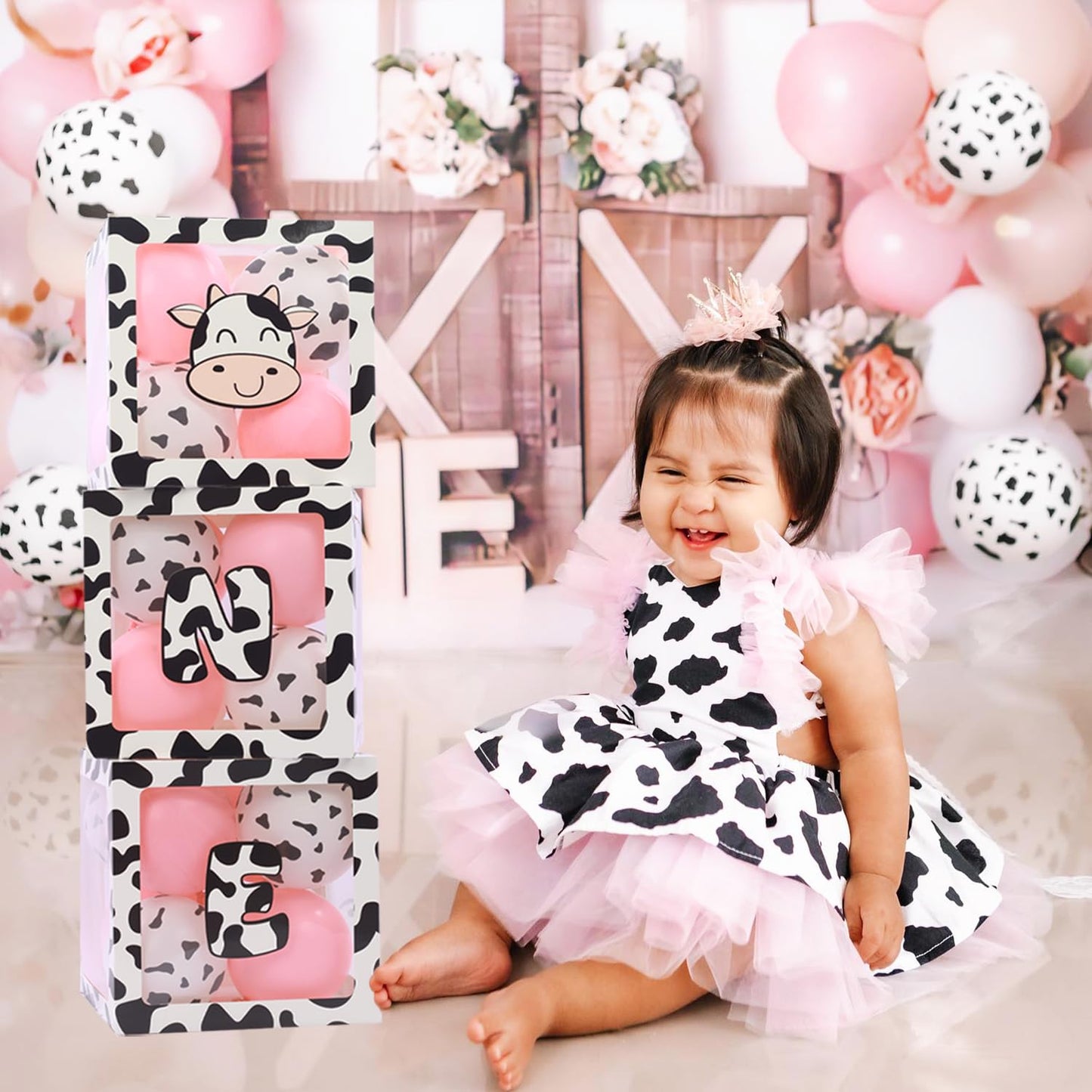 Holy Cow Im One First Birthday Decorations Girl, One Balloon Boxes With Cow And Pink Balloons, One Blocks For Cow Farm Western T