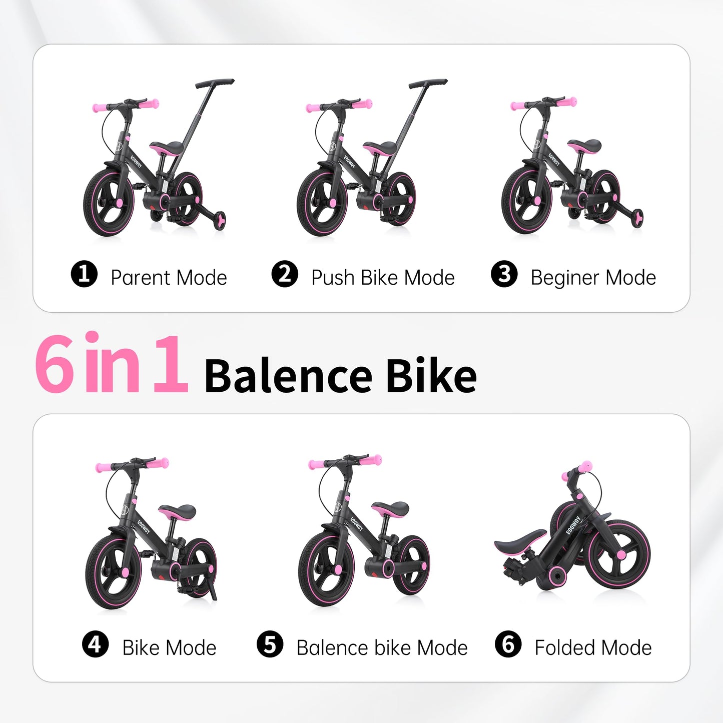 EOOWOY Balance Bike with Push Handle for Kids 1-3 Years, 6 in 1 Foldable Push Bike with Training Wheels & Pedals, Balance Bike f