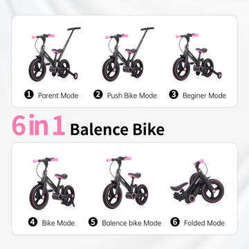 EOOWOY Balance Bike with Push Handle for Kids 1-3 Years, 6 in 1 Foldable Push Bike with Training Wheels & Pedals, Balance Bike f
