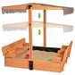 Kids Wooden Outdoor Sandbox W/Canopy, 2 Foldable Bench Seats, Retractable Roof Sand Protection Liner 47X47-Inch