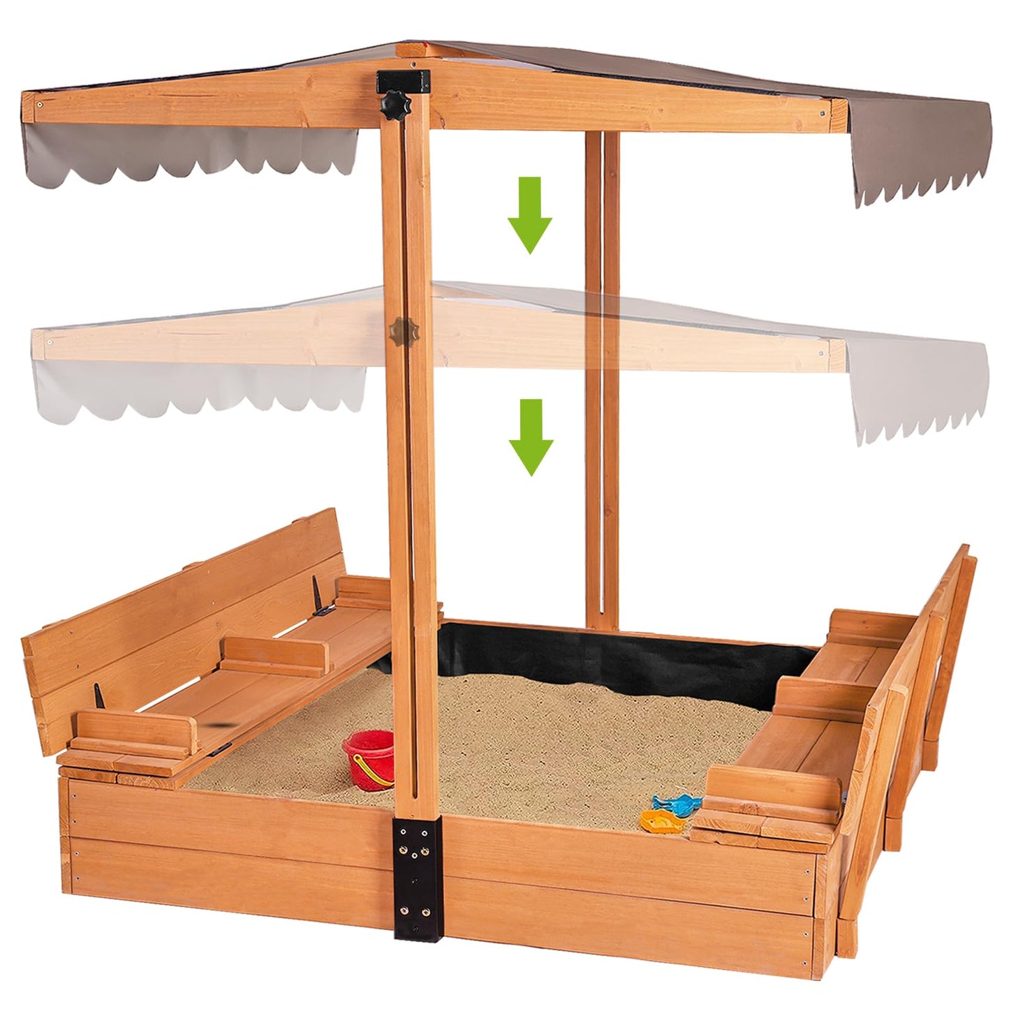 Kids Wooden Outdoor Sandbox W/Canopy, 2 Foldable Bench Seats, Retractable Roof Sand Protection Liner 47X47-Inch