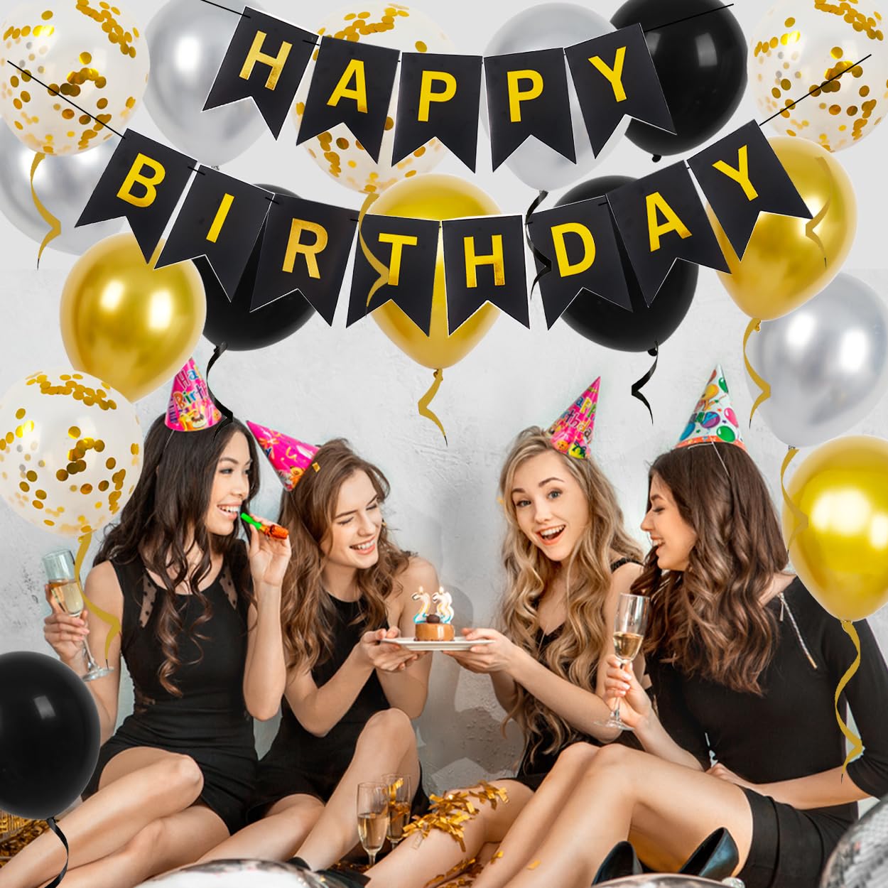 Happy Birthday Banner, Black Gold Birthday Decoration, 16 Pcs 12In Happy Birthday Balloons With 2 Ribbons For Men Women Girls An