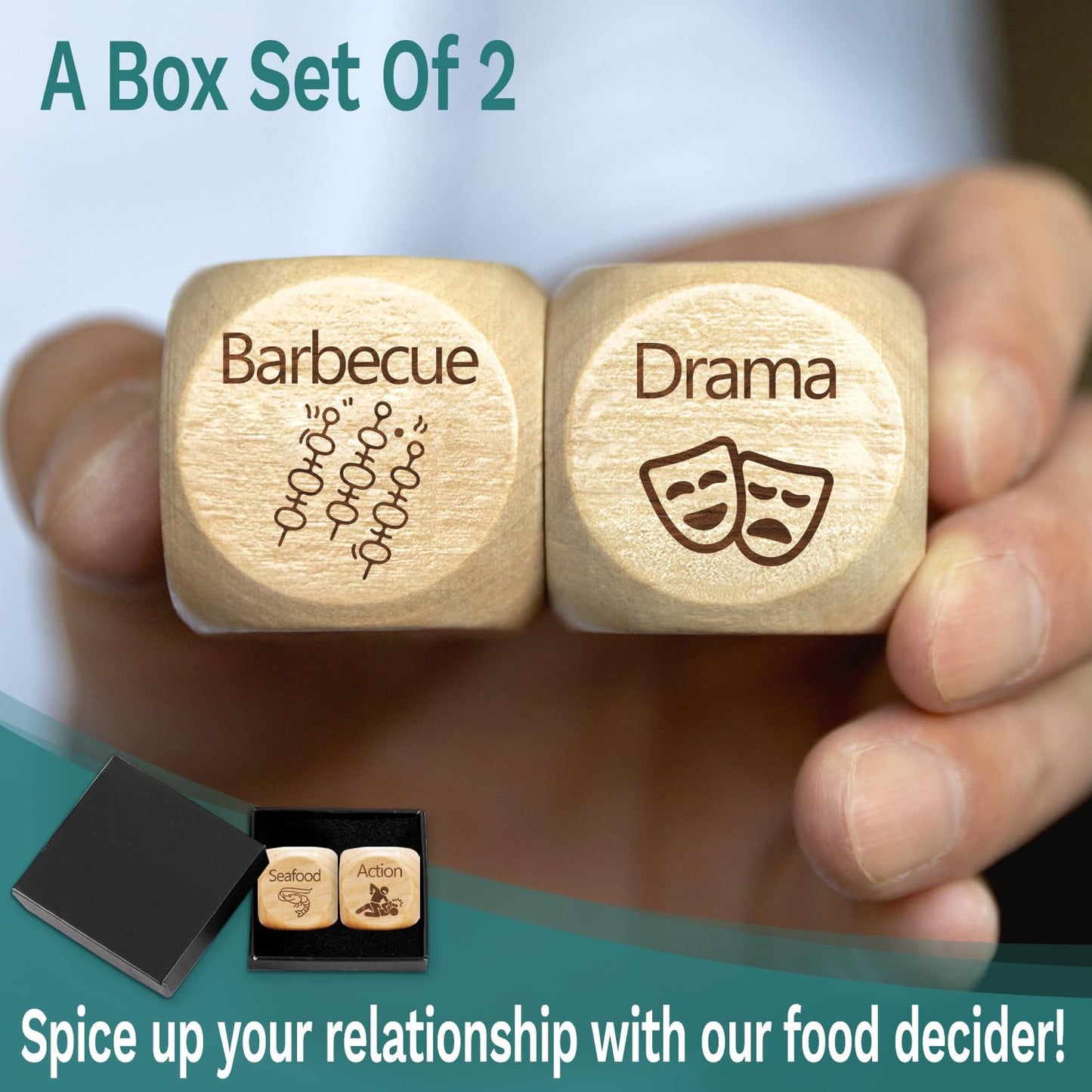 JCHCAMRY 2 Pcs Engraved Wooden Date Night Food Movie Decision Dice Decider,Valentines Day Date Night Gifts for Husband Wife Boyf
