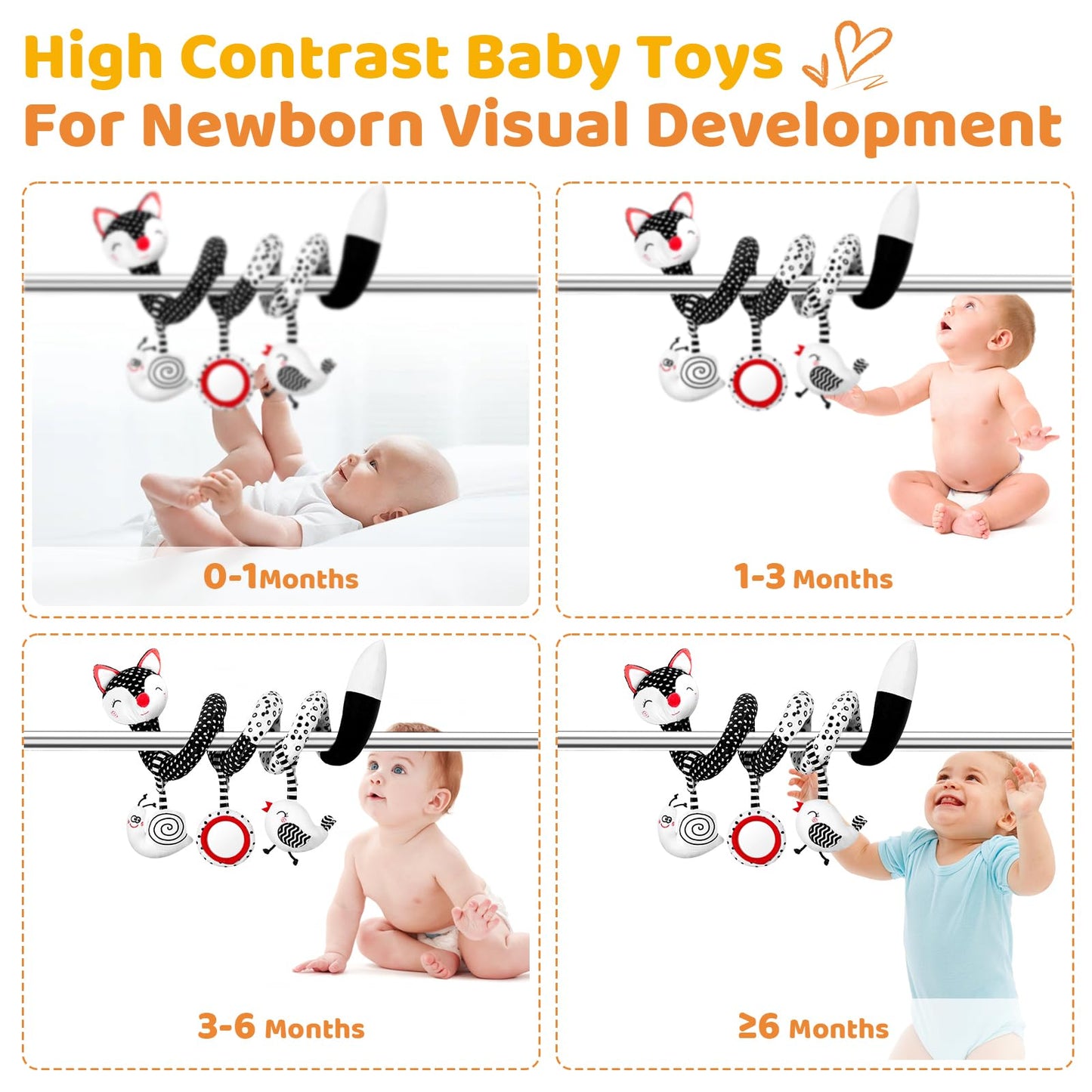 Fati Car Seat Toys For Babies 0-6 Months, Carseat Toys Hanging Toys For Newborns, Black And White High Contrast Toy For Baby 0-3