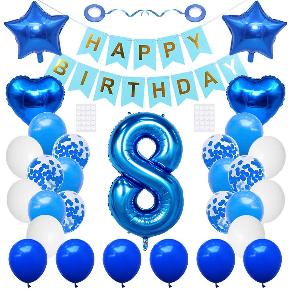 Huture 8 Birthday Party Supplies Blue Number 8 Foil Balloon Happy Birthday Banner Kit 8Th Birthday Decoration White Blue Latex C